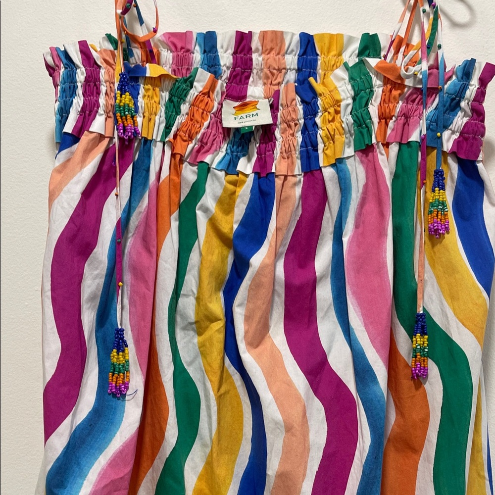 FARM Rio Vibrant Multicolor Wavy Stripe Sundress with Beaded Tassels